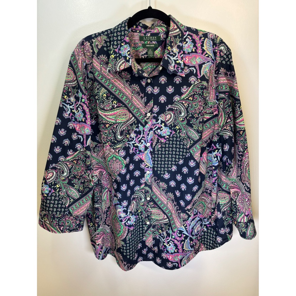 Lauren Ralph Lauren 2X Non-Iron Cotton Paisley Patchwork 3/4 Sleeve‎ Shirt Navy